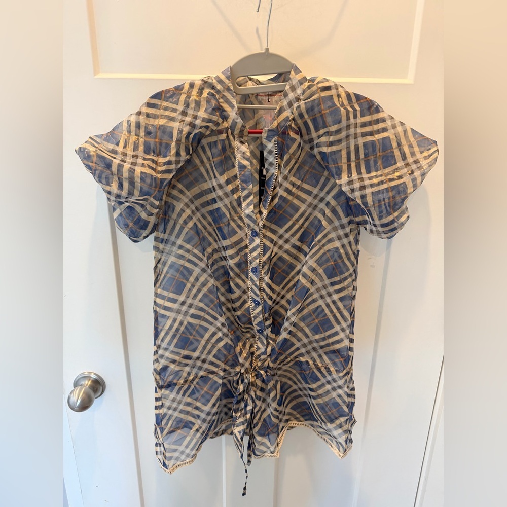 Lucy & Co Sheer Plaid Blouse Drawstring Waist NWT Size M